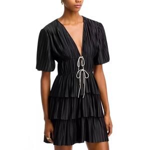 WAYF Thinking Of You Pleated Mini Dress Black Plunge Tie Front Size Small NWT
